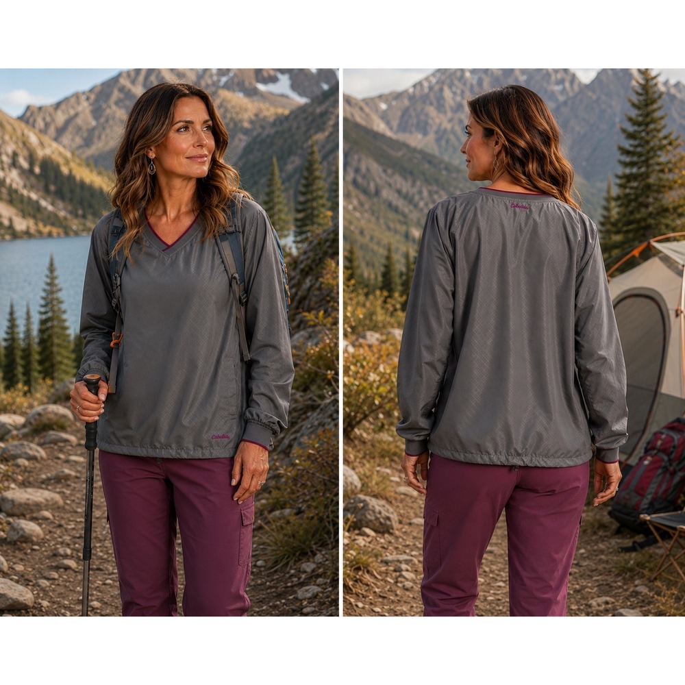 Cabelas Women's Gorpcore Camping Gray Purple Trim Lined Pullover Windshirt Large